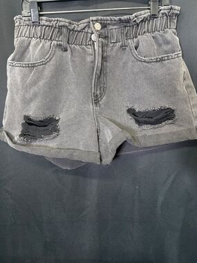 Large High-Rise Washed Black Distressed Denim Shorts